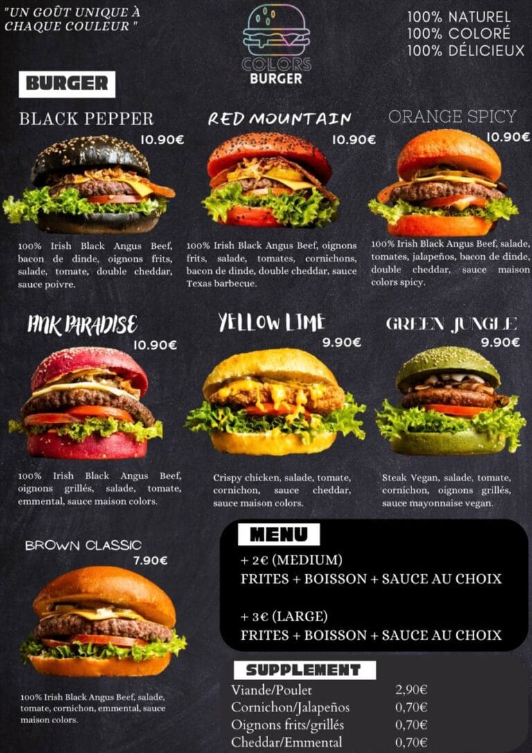 Menu pour Colors Burger réalisé par Virtuals Vision.